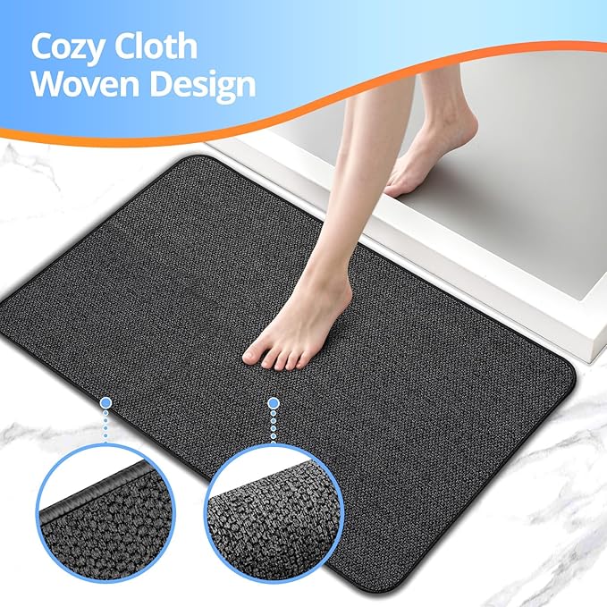 Upgraded Bath Mat 19x30Inch, Thin Bath Mats Rugs with Rubber Backing Non-Slip, Absorbent,Quick Dry Machine Washable, Home Decor Accessories Cozy Cloth Bathroom Rugs fit Under Door/Sink/Tub-Black