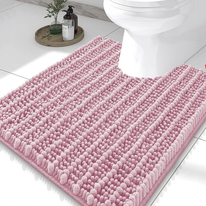 Smiry Bathroom Toilet Rugs U Shaped 24x20, Extra Soft Absorbent Non Slip Rubber Backing Chenille Contour Bath Rugs for Toilet, Machine Washable Contoured Bath Mats, Dusty Rose