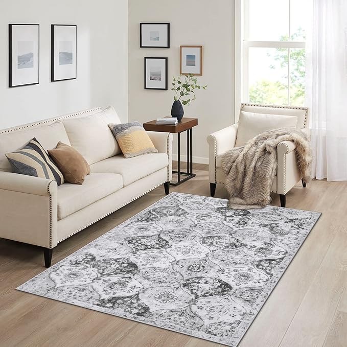 Lahome Moroccan Trellis Washable Small Area Rug, 3x5 Area Rug for Bedroom Living Room, Non-Slip Oriental Accent Throw Carpet for Kitchen Office Entryway Bathroom Office Elise, Silver/Grey