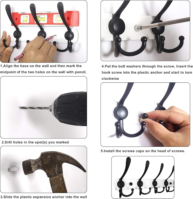 WEBI Coat Rack Wall Mounted,3 Coat Hooks for Hanging Coats,Heavy Duty Metal Hook Rack Hook Rail Coat Hanger Wall Coat Rack with Hooks for Clothes Entryway Jacket,Black,2 Packs