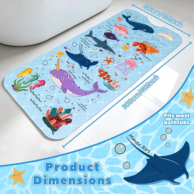 UNEEDE Baby Bathtub Mat Non Slip with 200 Suction Cups & 176 Drain Holes, 40''x16'' Quick Dry Bath Mat, Machine Washable Shower Mat for Toddlers & Kids, Ocean Pattern