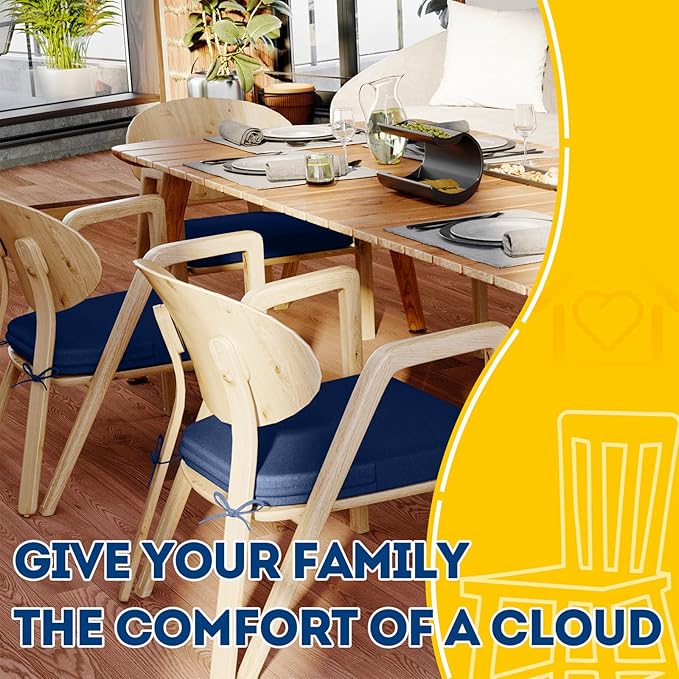 AAAAAcessories D-Shaped Chair Cushions, 2" Thick Dining Chair Pads with Ties and Removable, Machine-Washable Cover, 17" x 16", Set of 2, Blue