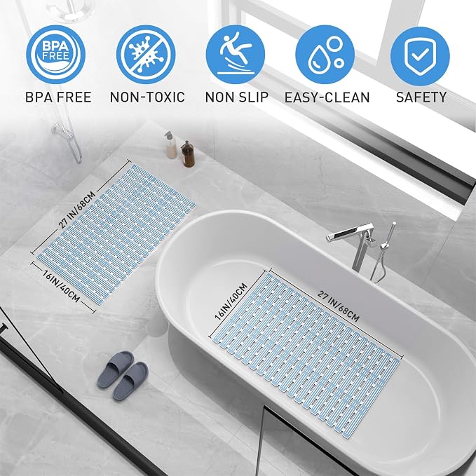 XIYUNTE Shower Mat Non Slip Bath Mat for Tub - 27 X 16 Inch TPE Bathtub Mat Non Slip Shower Mats for Inside Shower, Bath Tub Mat with Powerful Suction Cup, Easy to Cut and Dry, Blue