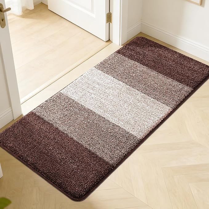 Kitinjoy Indoor Outdoor Door Mat, 50x30 Non-Slip Absorbent Dirt Trapper, Low-Profile Washable Inside Entrance Front Floor Mat, Sturdy Soft Entry Doormats for Entryway, Brown
