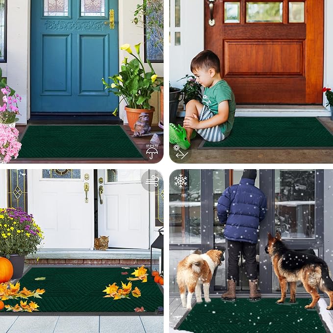 Smiry Front Door Mat Outside Entrance, Heavy Duty Sturdy Natural Rubber Doormat, Trap Dirt and Moisture, Easy Clean Low Profile Welcome Floor Mats for Indoor Outdoor Entry, 35X23 Inch, Deep Green