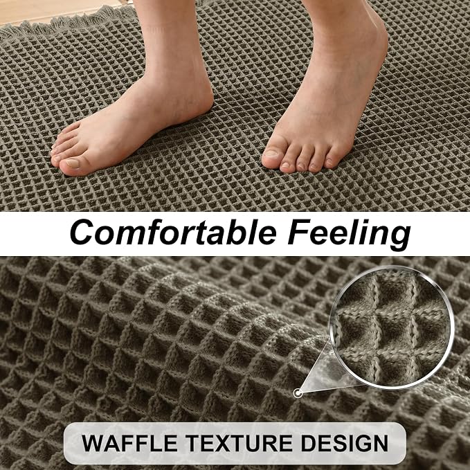 JIUZHEN Set of 2 Waffle Bath Mats Non Slip Waffle Bathroom Runner Rug Washable Boho Runner Bath Rugs Super Absorbent Shower Mat for Bathroom Kitchen Hallway Laundry, 16" x 24" +24" x 60", Olive Green