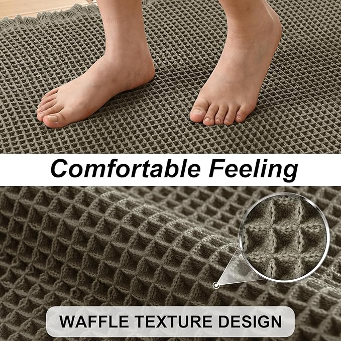 JIUZHEN Set of 2 Waffle Bath Mats Super Absorbent Boho Bath Rugs Non Slip Washable Bathroom Rugs Ultra Soft Machine Washable Shower Mats for Bathroom Floor, Tub, 16" x 24" +24" x 36", Olive Green