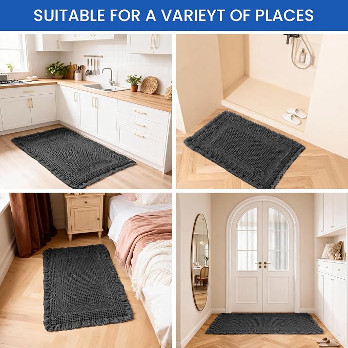 Waffle Bath Mat - Non Slip Bathroom Rugs - Washable Super Absorbent & Quick Dry Bath Mats with Tassels for Hallway Bedroom Laundry Room,20" x 32",Black