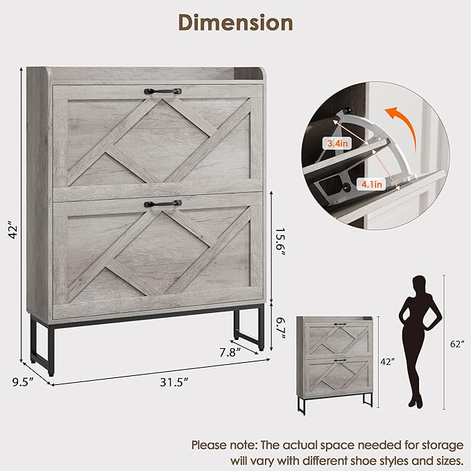 Nicetree Shoe Storage Cabinet with 2 Flip Drawers, Freestanding Shoe Organizer, Shoe Cabinet with Metal Legs, Narrow Shoe Rack Cabinet, Farmhouse Slim Shoe Cabinet for Entryway, Hallway, Rustic Gray