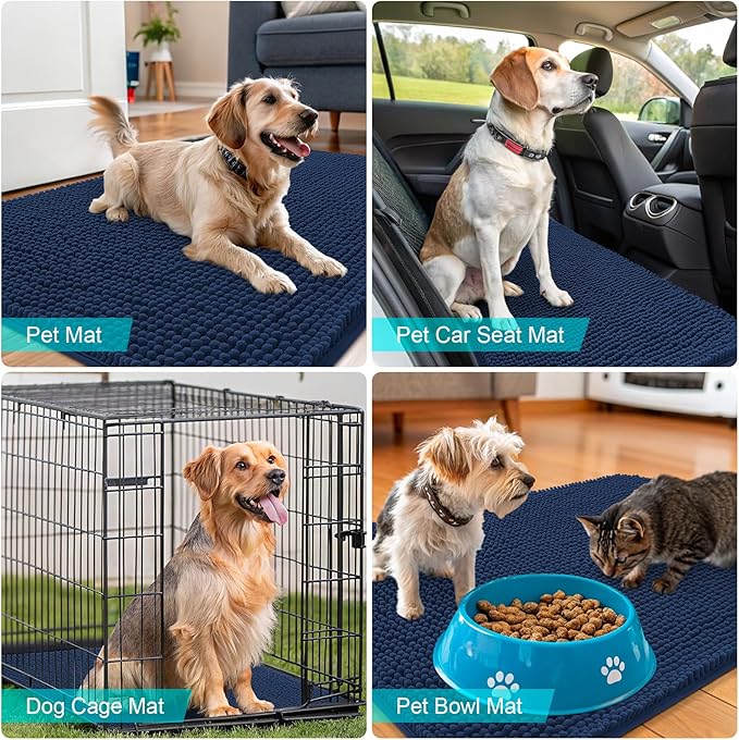 OLANLY Dog Door Mat for Muddy Paws 44x32, Absorbs Moisture and Dirt, Absorbent Non-Slip Washable Doormat, Quick Dry Chenille Mud Mat for Dogs, Entry Indoor Entryway Carpet for Inside Floor, Dark Blue