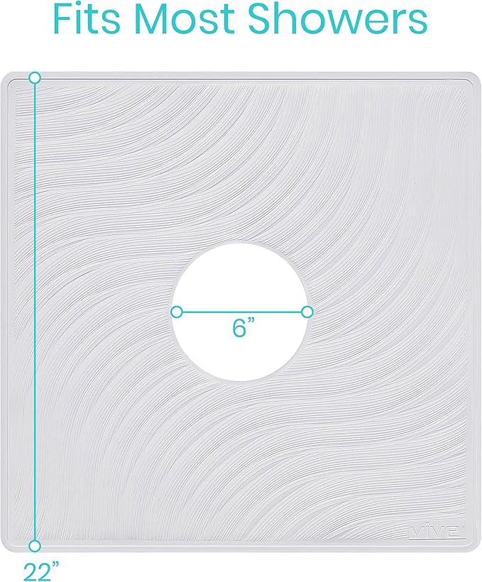 Vive Shower Mat - 22" by 22" Square Non Slip Large Bath Mat for Bathtub - Patented Design - Suction Cup Traction Skid Pad for Stalls Floors Tub - Textured Rubber with Drain Hole