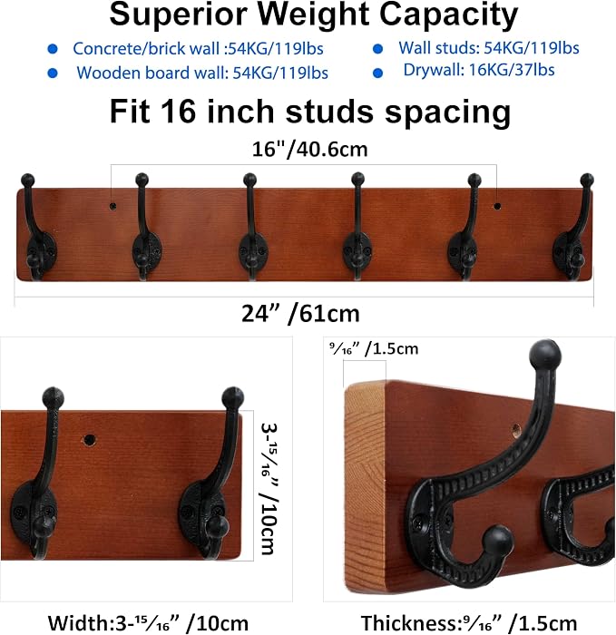 WEBI Rustic Coat Rack Wall Mount,24" Long 6 Cast Iron Coat Hooks Wall Mounted,Heavy Duty Wood Wall Coat Hanger Hooks for Hanging Coats,Jacket,Clothes,Backpack,Farmhouse,Cherry