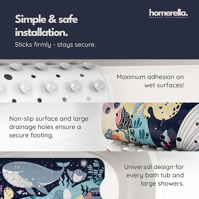 Bath Tub Mat Non Slip Anti Mold for Kids BPA Free INCL Hooks - homerella® Ocean Sea Animals 40x16, Baby Bath Mat Non Slip 200 Suction Cups, Non Toxic Machine Washable Toddler Bath Mat, EU Certified