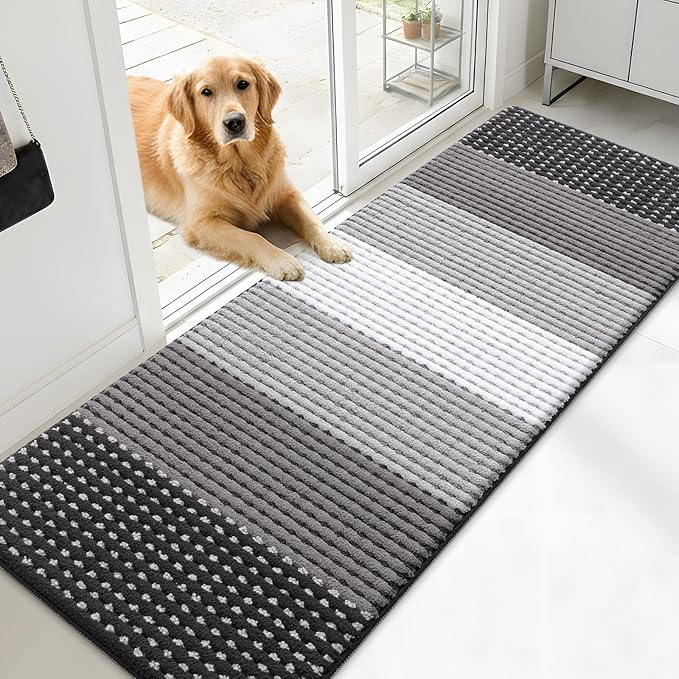 Kitinjoy Indoor Outdoor Door Mat, 71x24 Non-Slip Absorbent Dirt Trapper, Low-Profile Washable Inside Entrance Front Floor Mat, Sturdy Soft Entry Dotted Ombre Doormats for Entryway, Grey