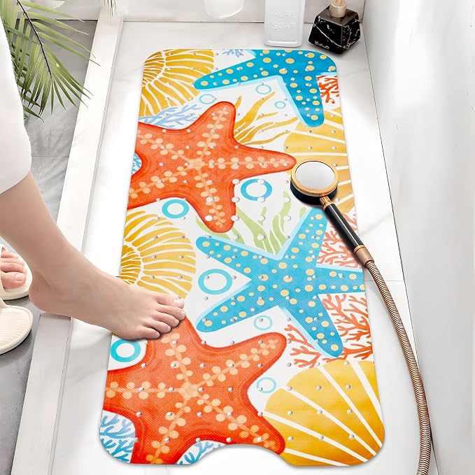 Ocean Bathtub Mat Non Slip, Cute Baby Bath Mat for Tub Rubber Tub Mat, Starfish Seashells Toddler Kids Bath Mats for Bathroom Anti Slip Shower Mat with Suction and Drain Holes Machine Washable,40″x16″
