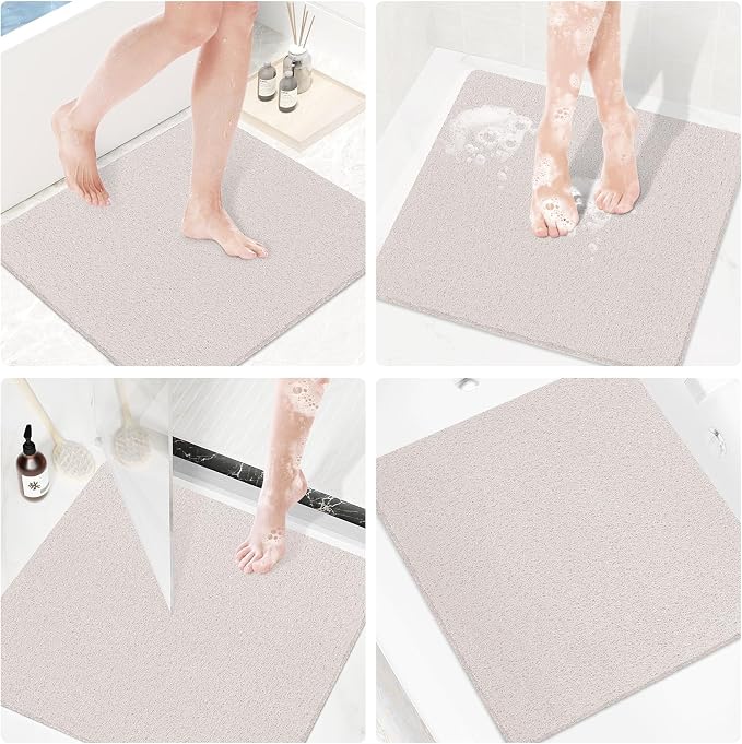 Shower Mat Bathtub Mat Non-Slip,24x24 inch, Soft Tub Mat with Drain,PVC Loofah Bath Mat (Phthalate Free) for Tub and Bathroom,Quick Drying,White