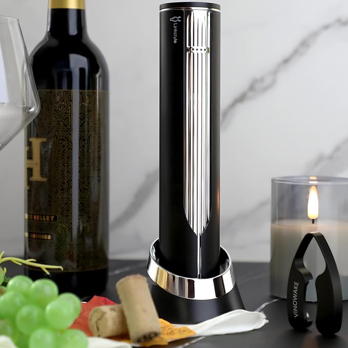 Linkstyle.life Electric Wine Opener, Automatic Rechargeable Wine Bottle Opener with Charging Base and Foil Cutter, Premium Metal Corkscrew, Gift for Dad, Wine Gifts for Men, Wine Lovers
