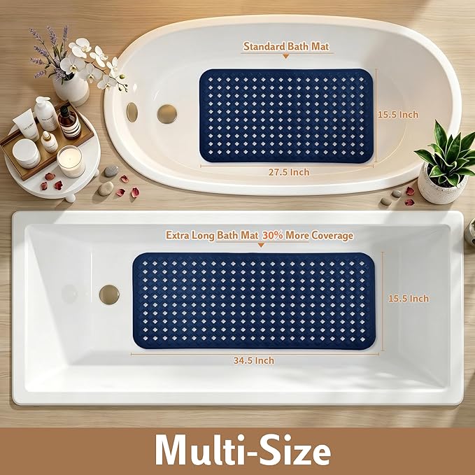 Yimobra Bathtub Mat Non Slip, 35"X16" Shower Mat with Strong Suction Cups & Drain Holes, Long Anti Slip Bath Tub Mat for Inside Shower, Machine Washable Fast Drying, Bathroom Essentials, Navy Blue