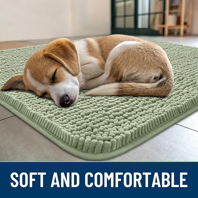 Smiry Dog Door Mat for Muddy Paws 70x24, Absorbent Dirt Trapper, Non-Slip Washable Chenille Entryway Rug for Inside Floor, Sage Green, Classic Solid