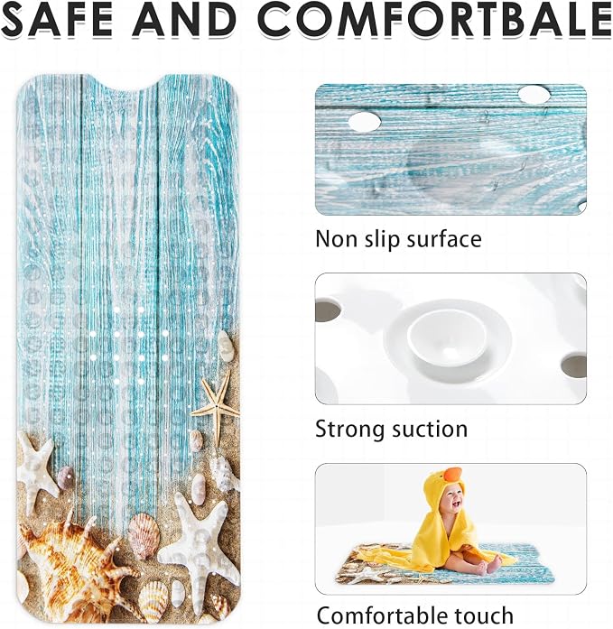 Seashells Summer Bath Mat Non Slip, Space Beach Wood 40 X 16 Inch Extra Long Bathtub Shower Mat for Tub Anti Slip with Suction Cups and Drain Holes for Kids Adults Elderly