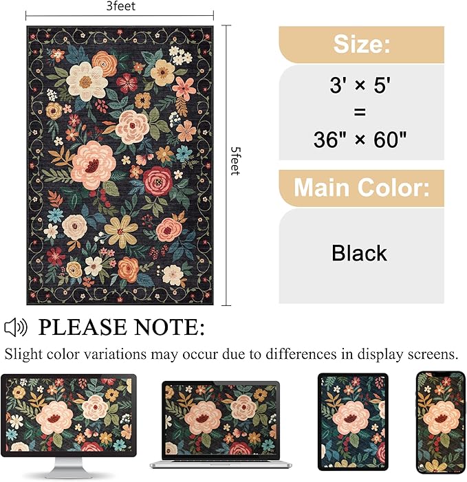 DUKINO 3x5 Area Rug, Floral Rugs for Living Room, Lightweight Non Slip Washable Rug, Indoor Low Pile & Non-Shedding Boho Design Rugs for Bedroom, Living Room, Dining Room, Black