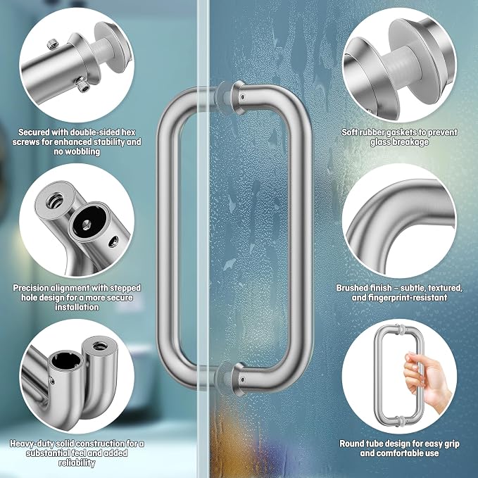 Ranbo Brushed Nickel 8" （CTC） Tubular Back-to-Back Shower Door Handle，Heavy-Duty 1.0mm Thick 304 Stainless Steel, for 1/4"- 1/2" Thick Glass and 1-3/8" - 2-1/6" Thick Wooden or Metal Doors