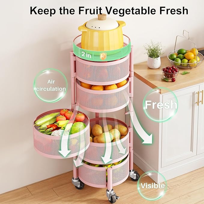 SAYZH Fruit Vegetable Basket for Kitchen, Rotating Storage Rack, 5 Tier Rolling Cart with top lid, Large Metal Wire Wheels, Pink