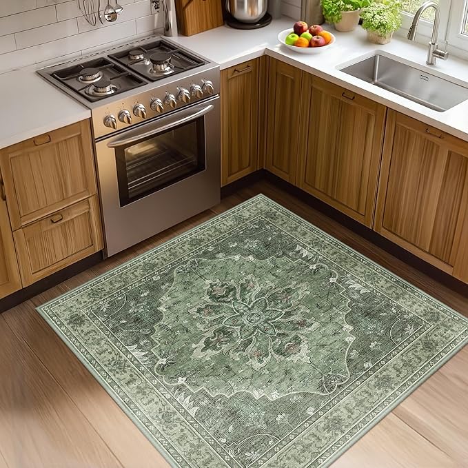 RELEANY Area Rugs Square 4ft Washable Non-Slip, Floral Vintage Distress Medallion Carpet for Living Room Bedroom Dining Room, Dark Green Gray