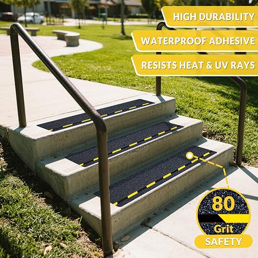 LifeGrip Anti Slip Stair Treads with Reflective Stripe (10-Pack), 8" X 32", Ourdoor Grip Tape Non Slip, Waterproof Safety Non Skid Tape, High Traction Friction Abrasive Adhesive for Step, Black/Yellow