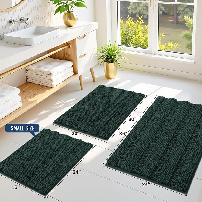 Grandaily Chenille Striped Bathroom Rugs 24x16, Extra Thick and Absorbent Bath Mats, Non-Slip Soft Plush Shaggy Shower Carpet, Machine Wash Dry, Bath Rug for Bathroom, (Small, Dark Green)