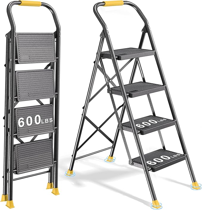 4 Step Ladder Stool Foldable with Handrails for Adults, Heavy Duty 4 Stepping Extension Tall Folding Ladder, Closet Stepstool Stair Ladders Extendable Stepladder for Indoor House Home Kitchen, 600LBS