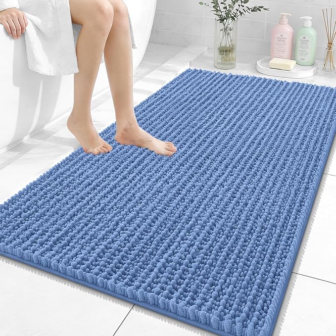 OLANLY Bathroom Rug Mat 44x32, Thick Soft and Absorbent Chenille Bath Mat, Non-Slip Rubber Backing, Machine Washable Quick Dry Bath Rugs for Tub Shower Floor, Home Decor Accessories, Cornflower Blue