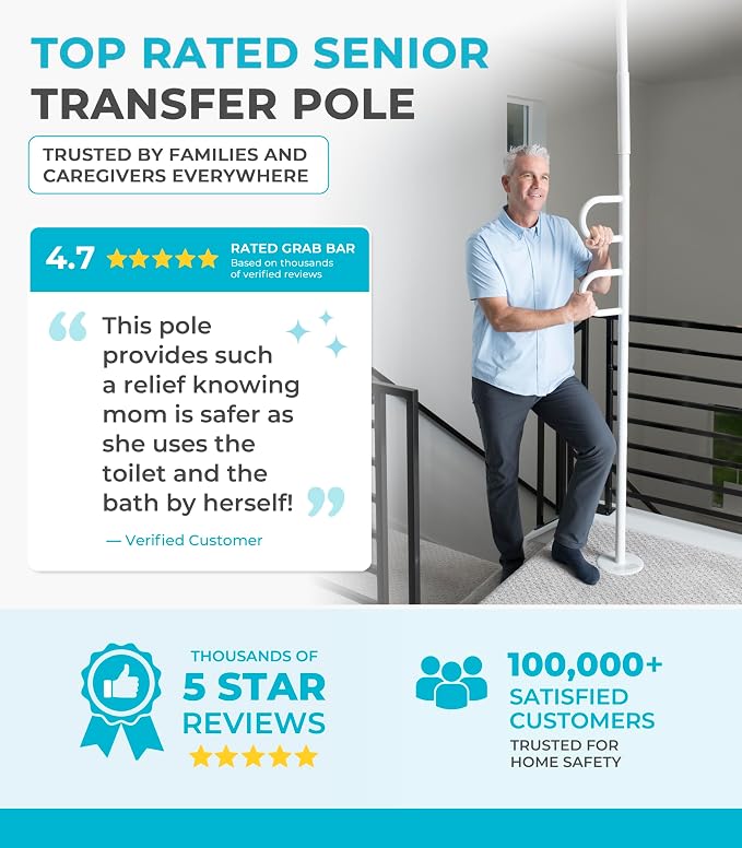 Stander Double Handle Non-Rotating Floor to Ceiling Grab Bar, No-Drill Tension Mounted Transfer Pole for Seniors, Bath Safety & Bedside Assist Rail for Home Standing Support & Fall Prevention, White