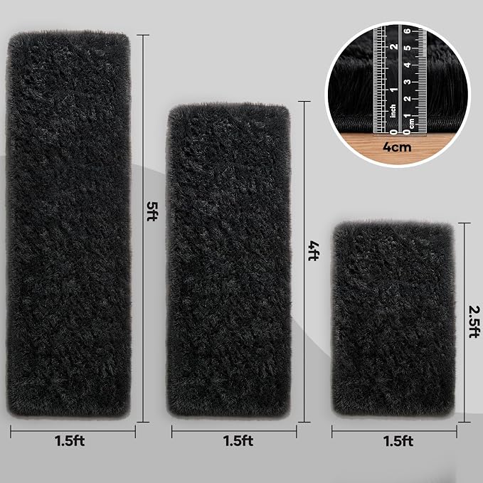 Ophanie Small Rug Washable Non Slip Throw Bedside Area Rugs, Fluffy Soft Mini Bedroom Carpet, 1.5x2.5，1.5x4 and 1.5x5 Rug Set, 3 Piece Black