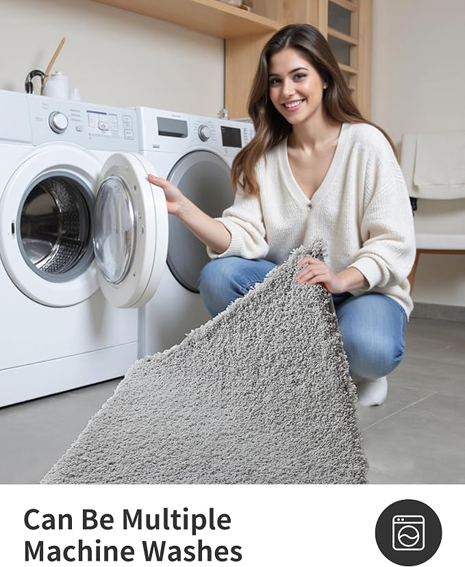 ILANGO Grey Bathroom Rugs 48" × 24" Non Slip & Super Absorbent Extra Thick Soft, Washable Bath Mat for Floor, Microfiber Plush Shaggy Bath Rug with Rubber for Bathtub Shower Room Sink