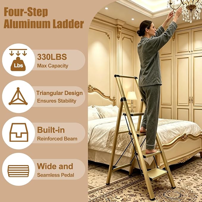 Aluminium 4 Step Ladder Folding Stool-330lb Capacity Ladders with Anti-Slip Wide Pedal Portable Kids/Adults, Lightweight Ladder, Portable Multi-use Scene for Home/Kitchen/Office/Garden/Yard