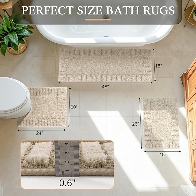 Pauwer Bathroom Rugs Sets 3 Piece Non Slip Machine Washable Bathroom Shower Rugs with U-Shaped Contour Toilet Mat Plush Shaggy Absorbent Microfiber Bath Mat Set, Light Beige