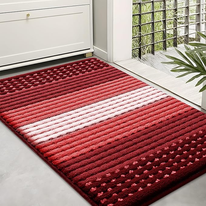 Kitinjoy Indoor Outdoor Door Mat, 36x24 Non-Slip Absorbent Dirt Trapper, Low-Profile Washable Inside Entrance Front Floor Mat, Sturdy Soft Entry Dotted Ombre Doormats for Entryway, Burgundy