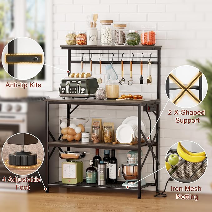 Furologee Kitchen Bakers Rack with Power Outlet,Coffee Stand with Storage 4 Tiers,Coffee Bar Station with a 31.5 Inch Larger Desktop and 8 S Hooks,Kitchen Microwave Rack for Spices,Pots,Black Oak