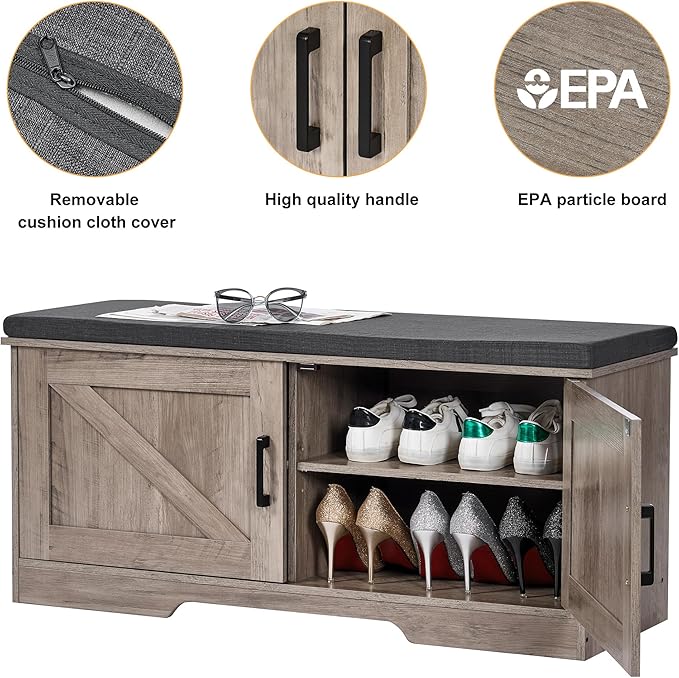 HOMSHO 2-Tier Storage Bench, 39.4" Wide Shoe Bench with Padded Seat Cushion, Entryway Bench with 2 Barn Doors and Adjustable Shelf, Greige