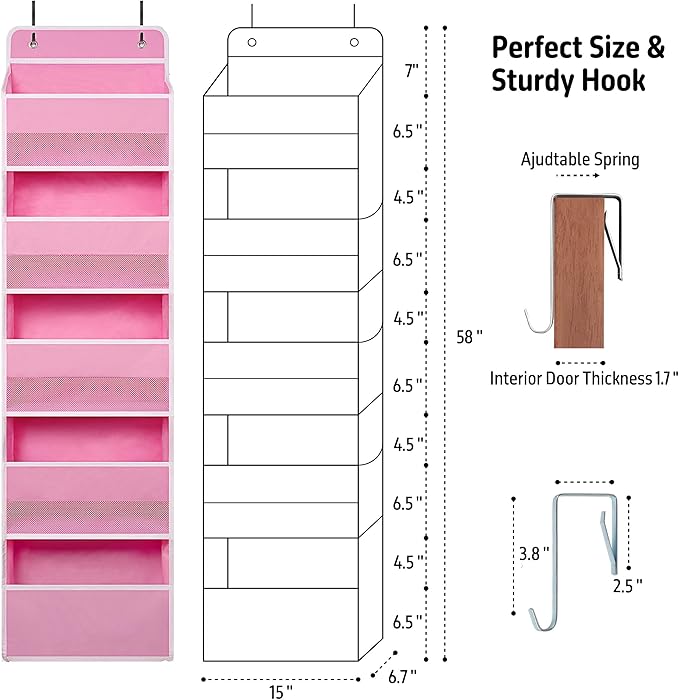 TYMENSH Pink Over Door Organizer with 5 Large Clear Pockets and 6 Side Mesh Pockets, Anti-Tilt Hanging Door Storage for Nursery, Bedroom, Bathroom, Closet, Toys, Baby Essentials