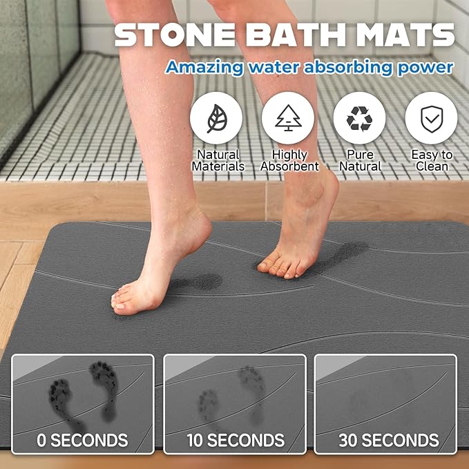 32"x20" Stone Bath Mat 2Pack, Diatomaceous Earth Shower Mat, Non-Slip Super Absorbent Quick Drying Bathroom Floor Mat, Natural, Easy to Clean (Dark Grey)