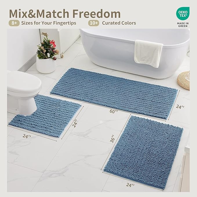 Bathroom Rugs Non Slip Washable 44x24, Extra Thick Soft Chenille Absorbent Bath Mat, High Density Barrier Non Slip Backing, Quick Dry Plush Shaggy Floor Carpet for Tub&Shower, Blue