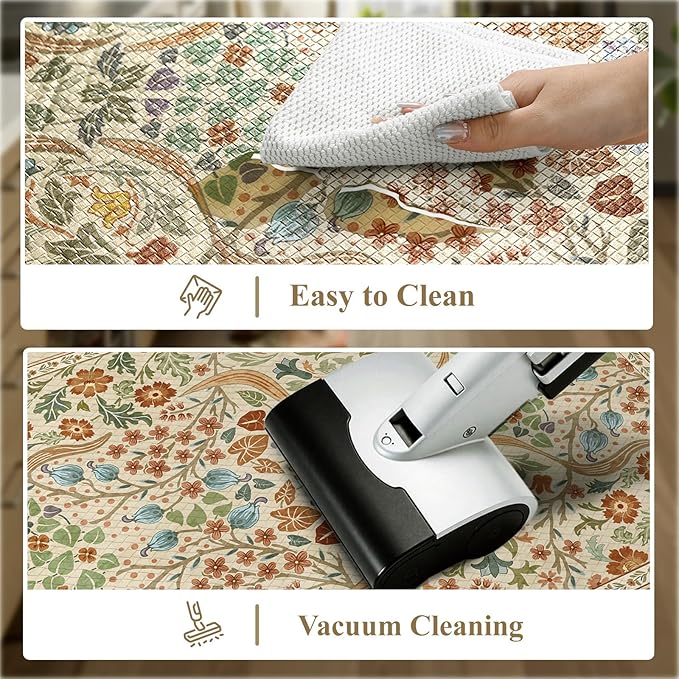 Collive Anti Fatigue Mats for Kitchen Floor, Waterproof Non Skid Kitchen Rugs Sets of 2 Beige Vintage Floral Rug, Foam Comfort Standing Mat for Office, Sink, Laundry