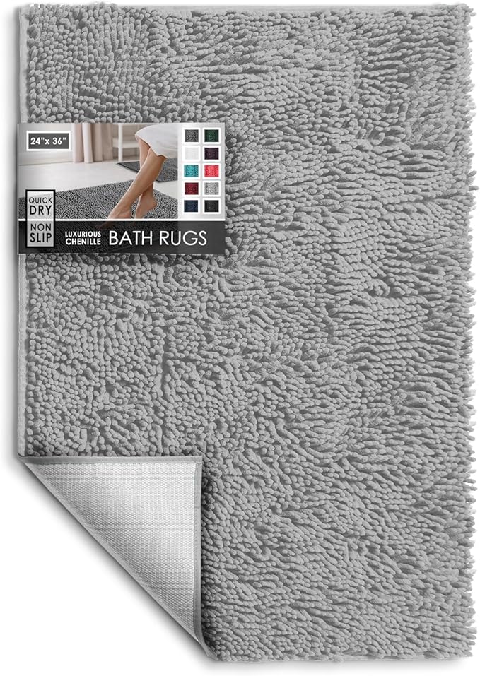 Hearth & Harbor Bathroom Rugs, Chenille Bath Mat - Machine Washable Bath Mats for Bathroom Non-Slip Backing Rubber, Quick Dry Bathroom Mat - Silver 24x36