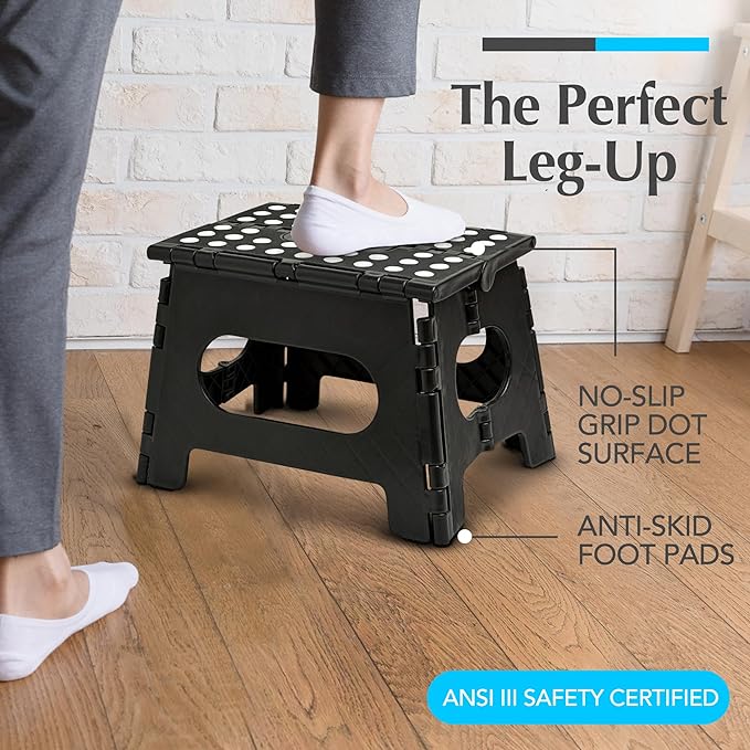 Handy Laundry Folding Step Stool - Sturdy Enough Collapsible Stool to Support Adults - Opens Easy with One Flip - Great for Kitchen, Bathroom or Bedroom (Black - 9 Inch)