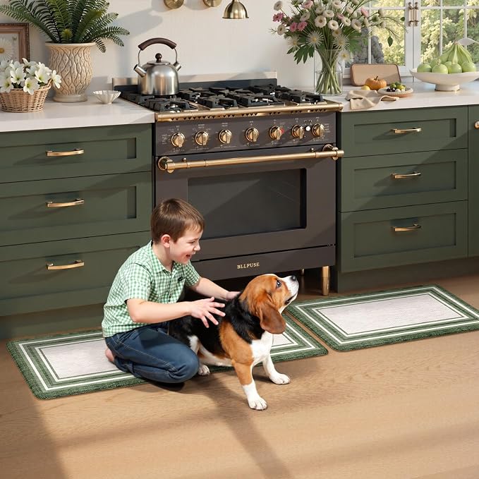KIMODE Kitchen Mats Cushioned Anti Fatigue, Farmhouse Kitchen Rugs Sets of 2, Non Slip Kitchen Mats for Floor, Comfort Dark Green Kitchen Floor Mats for Home Decor Sink Laundry Desk 17"x47"+17"x29"