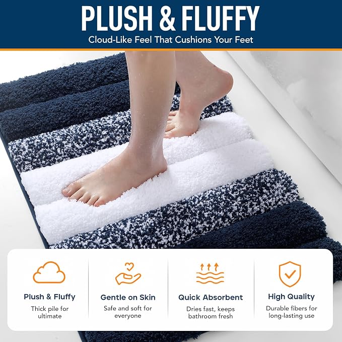 XIYUNTE Thick Bathroom Rug Set of 2 Piece, 32"x20"+24"x16" Extra Soft Microfiber Blue and White Bath Rugs, Quick Dry Super Absorbent Rubber Backing Non Slip Washable Bath Mats for Floor Tub Shower