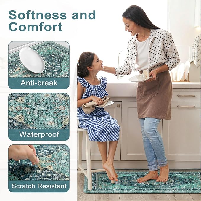 Collive Boho Kitchen Mats for Floor 2 Piece, Cushioned Anti Fatigue Kitchen Floor Mat Non-Skid Waterproof Under Sink Rug, Teal/Multi Comfort Standing Desk Rugs for Office, 17.3"x29"+17.3"x47"
