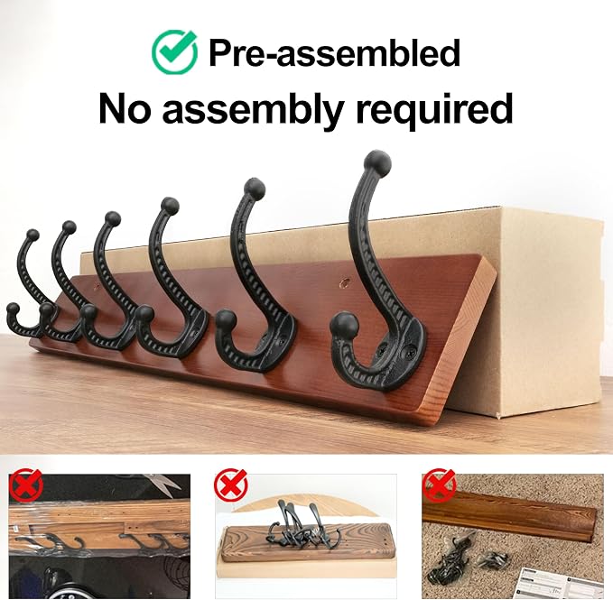 WEBI Rustic Coat Rack Wall Mount,24" Long 6 Cast Iron Coat Hooks Wall Mounted,Heavy Duty Wood Wall Coat Hanger Hooks for Hanging Coats,Jacket,Clothes,Backpack,Farmhouse,Cherry